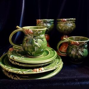 Hughes Pottery Oak Leaf Hand Thrown 8 Piece Serveware Pottery Set, Signed, 2013